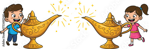children, magic, lamp, genie, fantasy, adventure, story, wish, sparkles, cartoon, illustration, vector, design, creative, element, imagination, play, fun, wonder, concept