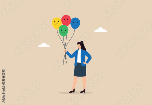 Flat illustration of businesswoman holding balloons with different facial expressions symbolizing emotional diversity mood swings and mental health awareness