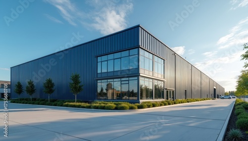 Modern blue warehouse exterior in industrial area. Metal clad facade with glass windows under bright blue sky. Commercial building for storage logistics and distribution industry.