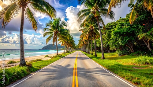 Fototapeta Naklejka Na Ścianę i Meble -  A scenic road lined with palm trees leads towards a sandy beach under a partly cloudy blue sky, with the ocean in the distance
