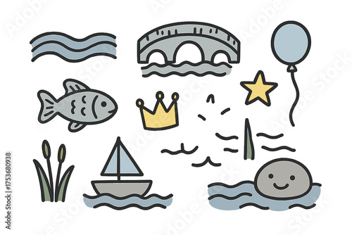 River Doodle Icons. River doodle icon set: hand drawn icons of flowing water, bridge, fish, crown, star, balloon, boat, reeds, and