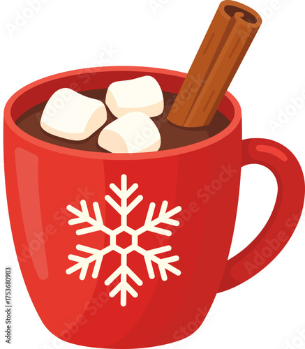Red mug with marshmallows in hot drink cocoa, coffee or tea. Symbol of Christmas and New Year. Cartoon flat vector illustrations isolated on white background