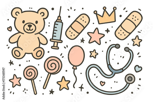 Children's Health Icons. Children’s health doodle icon set: hand drawn icons of teddy bear with smile, syringe, bandage, crown,