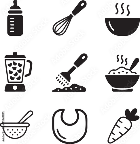 Nine Detailed Baby Food Preparation Utensils on White Background kitchen tools baby care