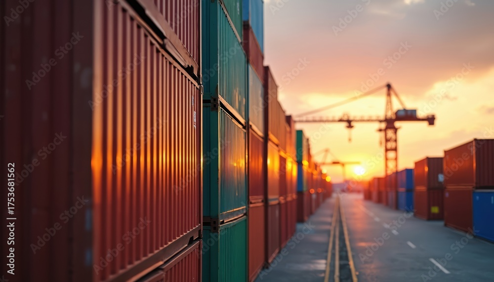 Obraz premium Cargo containers stack in sea port terminal at sunset. Import export logistics, transport. Industrial port container yard. Global trade supply chain business. Freight shipping distribution at harbor.
