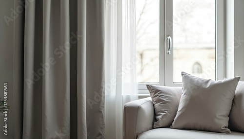 Blackout curtain on window with couch and pillows. Grey curtain blocks light in room with white sofa and cushions. Window with blinds and furniture for home decor.