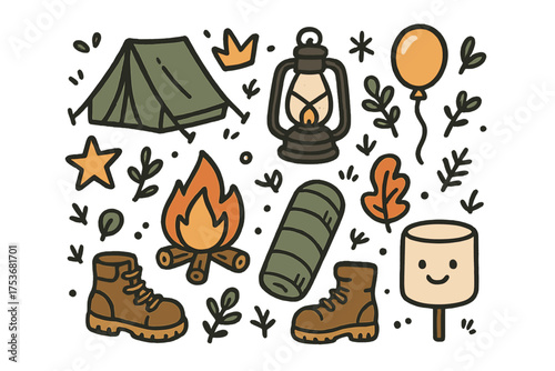 Camping Doodle Icons. Camping doodle icon set: hand drawn icons of tent, lantern, crown, star, balloon, campfire, sleeping bag,