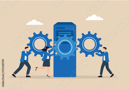 
Flat illustration of three people assembling gear system around server to operate secure network using cybersecurity protocols
