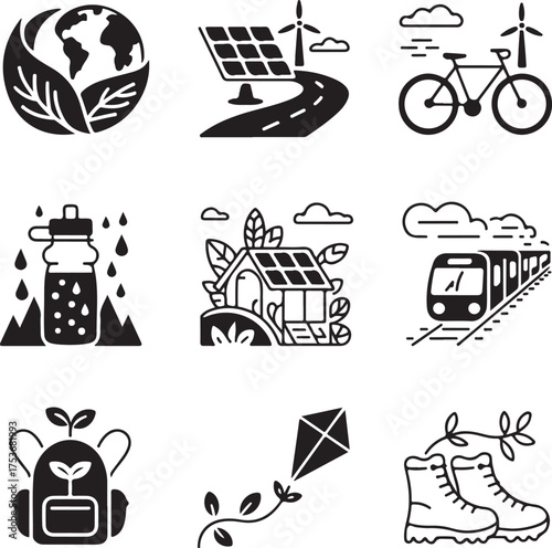 Nine detailed sustainable travel icons on white background eco friendly green travel