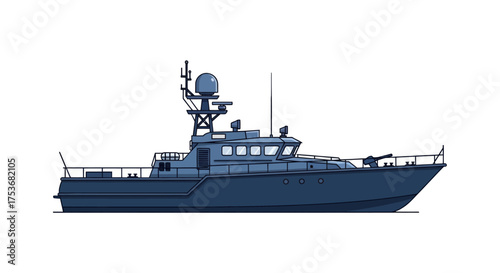 Modern Dark Blue Military Patrol Boat Illustration.