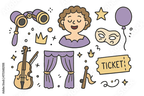 Opera Doodle Icons. Opera doodle icon set: hand drawn icons of opera glasses, singer with smile, mask, crown, star, balloon,