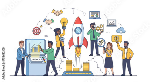 Business Startup Team Launching Rocket Illustration.