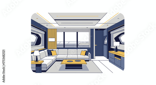 Modern Interior Yacht Cabin with Luxurious Furnishings.