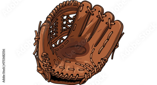 Brown Leather Baseball Glove with Lacing and Webbing Detail.