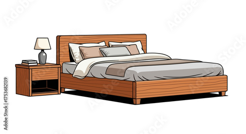 Modern Wooden Bed with Nightstand and Lamp Illustration.