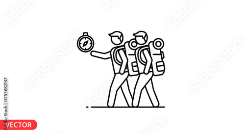 Line Art Illustration of Two Backpacking Hikers with Compass.