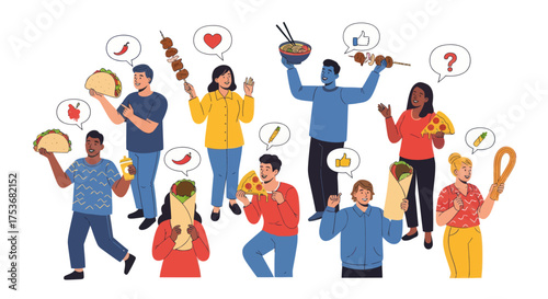 Diverse group of people enjoying various delicious food items together.