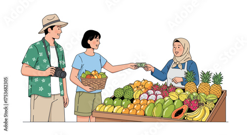 Customers Buying Fresh Fruits from a Vibrant Outdoor Market Vendor.