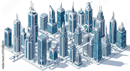 Isometric illustration of a futuristic city with modern glass skyscrapers and elevated roads.