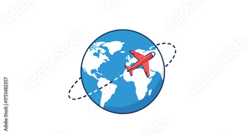 Stylized Red Airplane Flying Around Earth Globe Symbolizing Global Travel.