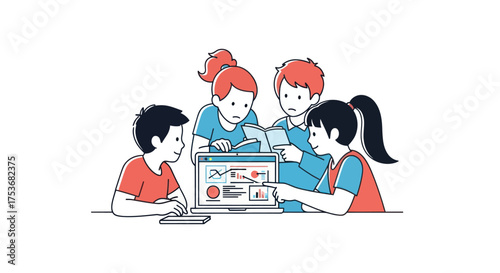 Group of Children Collaborating on a Laptop Project Sharing Ideas and Learning Together.