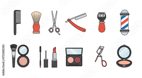 Colorful Cartoon Style Barber and Makeup Beauty Tools Icons Set.