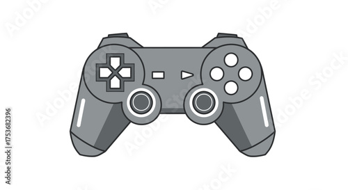 A gray video game controller with directional buttons and analog sticks.