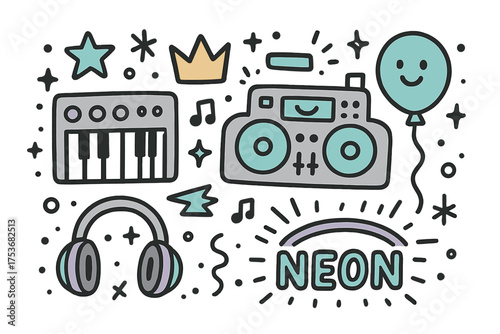 Electronic Music Icons. Electronic music doodle icon set: hand drawn icons of synthesizer, DJ console with smile, crown, star,