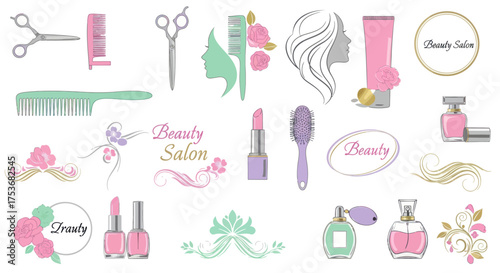 Assortment of Beauty Salon Tools and Cosmetics in Pastel Colors.