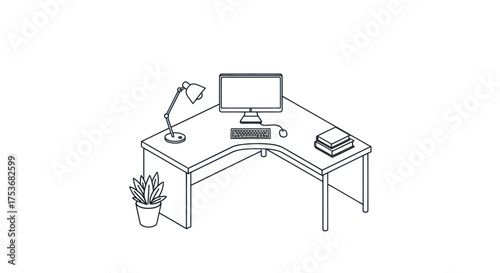 Minimalist L-Shaped Desk with Computer Lamp and Plant.