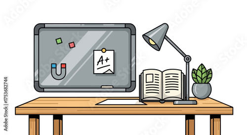 Cartoon illustration of a students study desk with a magnetic board and an A grade.