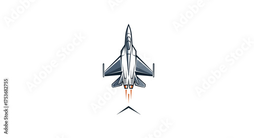 Modern metallic fighter jet taking off with fiery exhaust top view.
