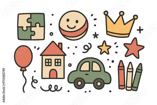 Playroom Doodle Icons. Playroom doodle icon set: hand drawn icons of puzzle, ball with smile, crown, star, balloon, dollhouse, car
