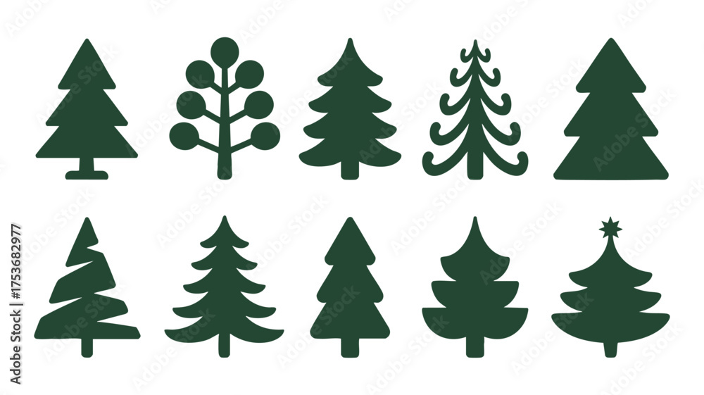 Obraz premium Collection of stylized green christmas trees festive holiday icons for seasonal design and decoration