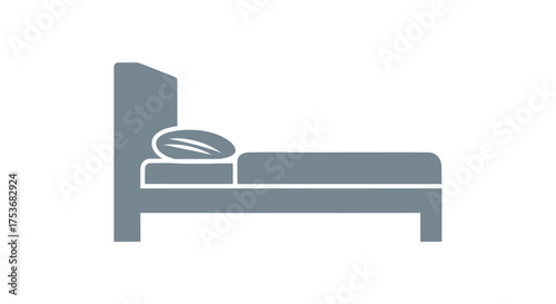 Minimalist Gray Bed Icon with Pillow and Blanket for Sleep.