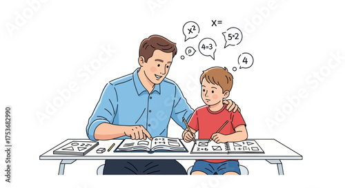 Father patiently teaching his young son mathematics at a desk with books and worksheets.