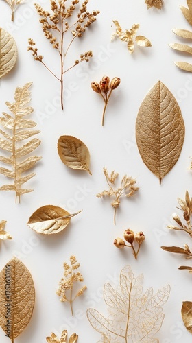 Golden and Silver Leaves Arranged on a Light Background Create a Stunning Nat...