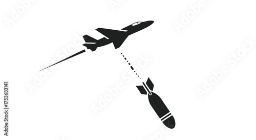Silhouette of a Military Jet Dropping a Bomb in Flight.