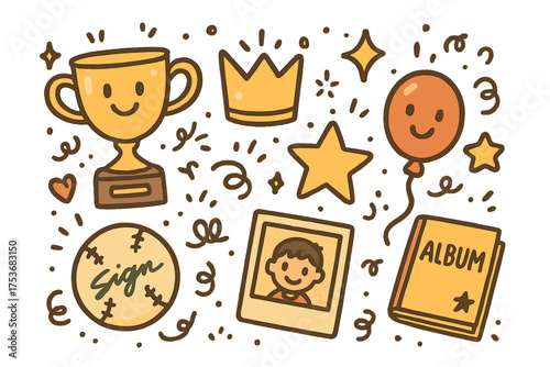 Memorabilia Doodle Icons. Memorabilia doodle icon set: hand drawn icons of trophy with smile, crown, star, balloon, signed ball,