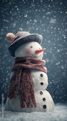 Snowman Wearing a Hat and Scarf in a Winter Scene During Snowfall
