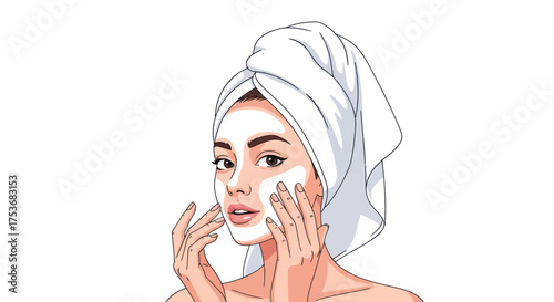 Woman with a towel on her head applying a facial mask.