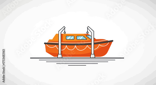 Bright orange enclosed lifeboat suspended on davits a flat vector illustration.