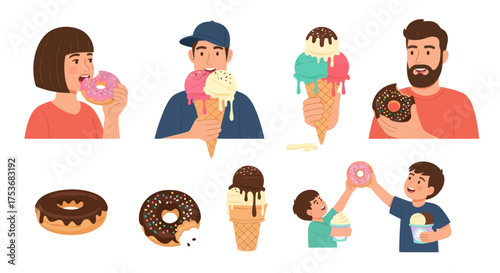 Cartoon People Eating Donuts and Ice Cream Vector Set.
