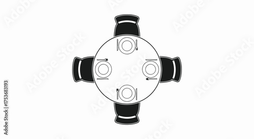 Round Table Setting with Four Chairs and Place Settings Top View.