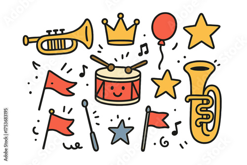 Marching Band Icons. Marching band doodle icon set: hand drawn icons of trumpet, drum with smile, crown, star, balloon, flag,