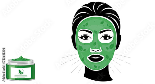 Woman with green facial mask and jar of product beauty treatment.