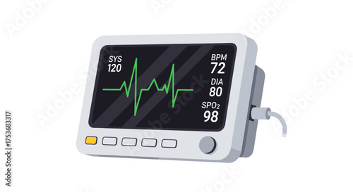 Digital Medical Patient Monitor Displaying Vital Signs and ECG Heartbeat Waveform.