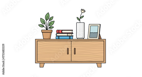 Wooden Cabinet with Plant Books Vase and Picture Frame.