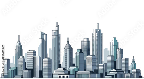 Detailed Cityscape Illustration with Skyscrapers and Architectural Variety.