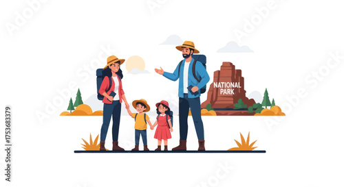 Family Hiking Adventure with Backpacks and Hats at Park.